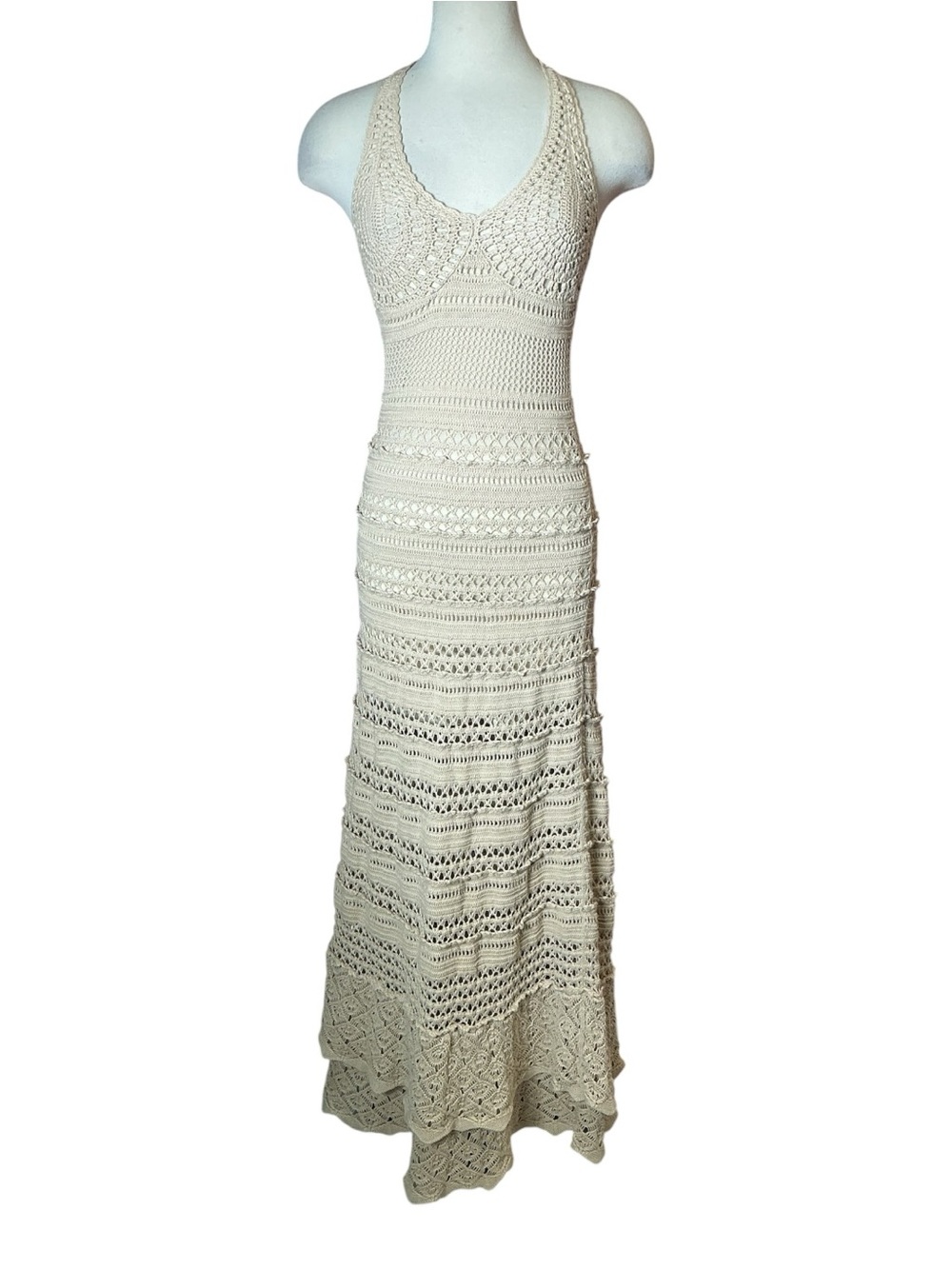 y2k Moda International Cotton Nylon Crochet Halter Maxi Dress XS